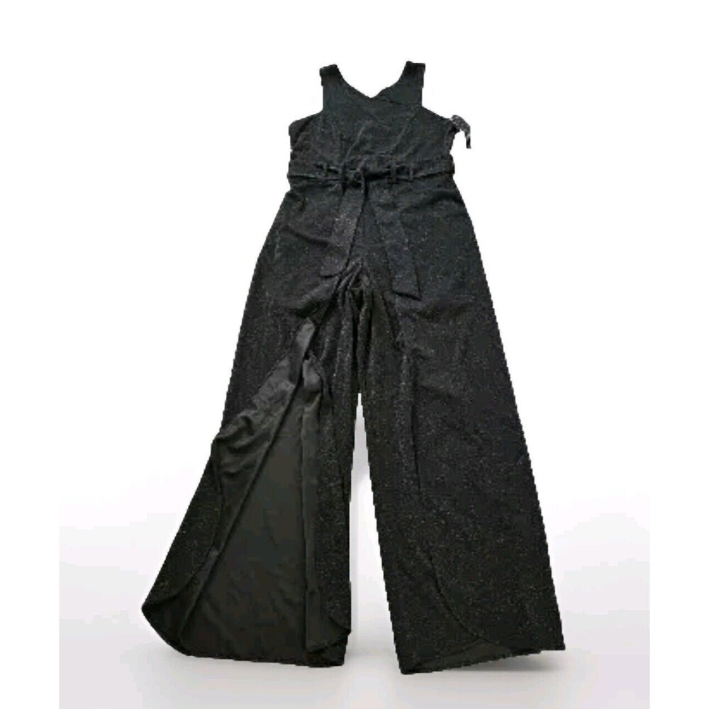 Addison Evenings Womens Black Slit Leg V Neck Glitter Jumpsuit Romper Whimsigoth